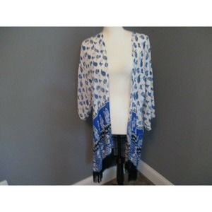 PJ SALVAGE blue floral paisley Kimono Fringe
